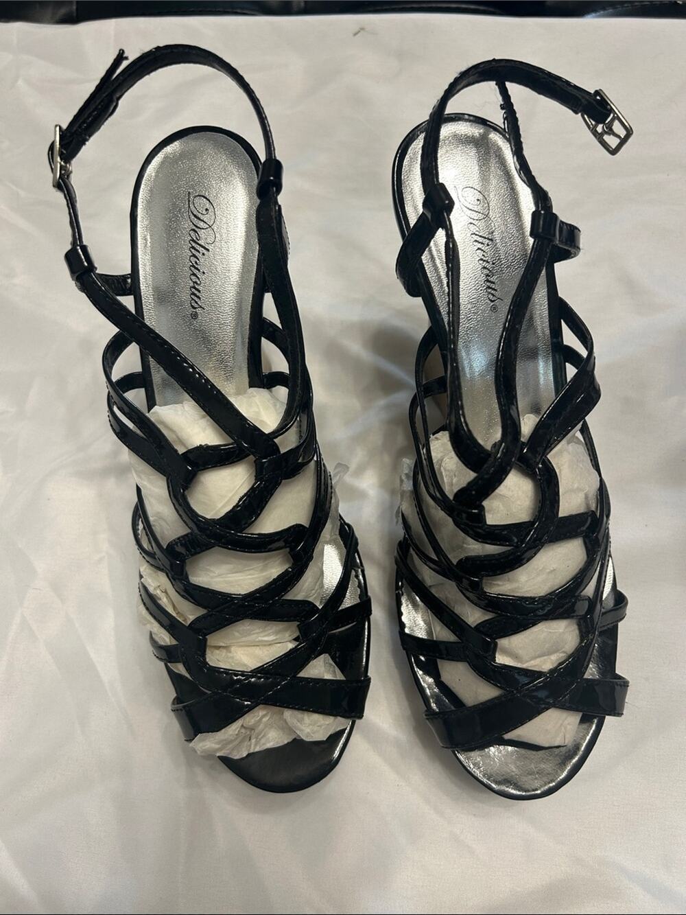 Delicious Black Patent Strappy Heeled Sandals